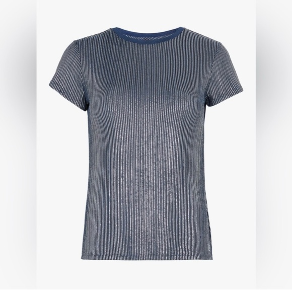 Ted Baker London Catrino Navy Metallic Crewneck Short Fitted Ribbed Tee - Picture 9 of 10